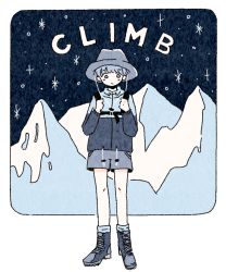 Rule 34 | ambiguous gender, blue eyes, blue hair, blush, boots, border, dark sky, drawstring, english text, expressionless, full body, hat, highres, landscape, limited palette, long sleeves, male focus, mountain, no nose, noeru (noellemonade), original, outdoors, scenery, short hair, shorts, sky, solo, standing, star (sky), starry sky, white border