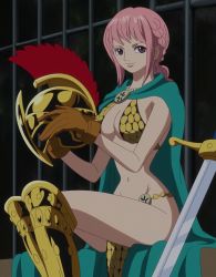 Rule 34 | 1girl, armor, bikini armor, breasts, dressrosa, highres, navel, one piece, pink hair, princess, rebecca (one piece), screencap, solo, stitched, sword, third-party edit, weapon