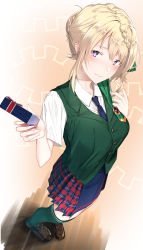 Rule 34 | 1girl, bad id, bad nicoseiga id, badge, blonde hair, blue necktie, blush, box, braid, braided bangs, braided bun, breasts, brown footwear, commentary request, dress shirt, from above, full body, gift, gift box, green thighhighs, green vest, hair bun, hair ribbon, highres, holding, holding gift, incoming gift, kantai collection, large breasts, looking at viewer, necktie, pallad, perth (kancolle), playing with own hair, pleated skirt, purple eyes, ribbon, school uniform, shirt, short hair, short sleeves, simple background, single hair bun, skirt, solo, thighhighs, valentine, vest, white shirt