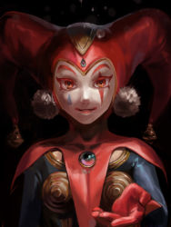Rule 34 | 1girl, bodysuit, chrono cross, closed mouth, facepaint, gloves, harle (chrono cross), harlequin, hat, jester, jester cap, looking at viewer, machibari2, reaching, reaching towards viewer, red eyes, red gloves, simple background, smile, solo, tassel
