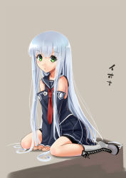Rule 34 | 10s, 1girl, aoki hagane no arpeggio, blush, boots, cross-laced footwear, detached sleeves, full body, green eyes, iona (aoki hagane no arpeggio), katahira masashi, lace-up boots, long hair, looking at viewer, necktie, school uniform, silver hair, sitting, skirt, solo, wariza