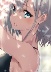 Rule 34 | 1girl, aqua eyes, armpits, arms up, bare shoulders, black one-piece swimsuit, blush, commentary request, competition swimsuit, from side, jonsun, looking at viewer, looking to the side, one-piece swimsuit, original, parted lips, silver hair, sunlight, swimsuit, water, wet