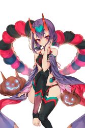Rule 34 | 1girl, absurdres, bad id, bad twitter id, black leggings, blush, chinese clothes, collarbone, detached sleeves, dudou, fate/grand order, fate (series), feet, green ribbon, groin, hair between eyes, hair ornament, hair ribbon, highres, horns, jack-o&#039;-lantern, kh (kh 1128), leggings, makeup, midriff, pumpkin, purple eyes, purple hair, ribbon, short hair, short twintails, shuten douji (fate), shuten douji (fate/grand order), shuten douji (halloween caster) (fate), sitting, smile, solo, stomach, toes, twintails, white background