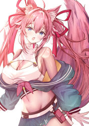 Rule 34 | 1girl, :o, absurdres, ahoge, animal ear fluff, animal ears, aqua jacket, aqua skirt, blue eyes, breasts, cat ears, cat girl, cleavage, cleavage cutout, clothing cutout, commission, crop top, cropped jacket, hair between eyes, hair ornament, hair ribbon, highres, indie virtual youtuber, jacket, kwando, large breasts, long hair, mito soosu, navel, off shoulder, partially unzipped, pink hair, pink ribbon, pouch, ribbon, shirt, skeb commission, skirt, sleeveless, sleeveless shirt, solo, tail, twintails, virtual youtuber, white shirt