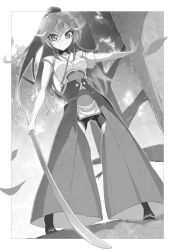 Rule 34 | 1girl, bike shorts, from below, full body, greyscale, hair between eyes, high ponytail, highres, holding, holding sword, holding weapon, hundred (light novel), in tree, katana, kenzaki touka, long hair, looking at viewer, monochrome, multicolored hair, novel illustration, official art, ookuma nekosuke, outdoors, outstretched arm, shirt, short shorts, short sleeves, shorts, smile, solo, standing, streaked hair, sword, tree, very long hair, weapon