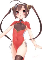 Rule 34 | 1girl, absurdres, ahoge, anchor hair ornament, azur lane, bad id, bad pixiv id, bare arms, black thighhighs, bow, breasts, brown hair, covered erect nipples, covered navel, cowboy shot, hair bow, hair ornament, hairband, highres, long hair, looking at viewer, panties, ping hai (azur lane), red eyes, short hair with long locks, short sleeves, side-tie panties, simple background, single thighhigh, small breasts, solo, takio (kani sama), thighhighs, twintails, underwear, white background, white hairband, white panties