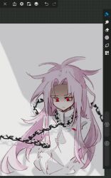 Rule 34 | 1boy, absurdres, art program in frame, chain, chinese commentary, closed mouth, commentary request, hatsutori hajime, highres, jiekuijiangshadaonijiamenkou, long hair, long sleeves, male focus, no nose, no sclera, parted bangs, pink hair, procreate (medium), procreate (software), red eyes, saibou shinkyoku, shaded face, shirt, solo, upper body, white shirt