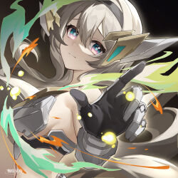 1girl bare_shoulders black_hairband breasts fire firefly_(honkai:_star_rail) floating_hair grey_armor grey_hair hair_between_eyes hair_ornament hairband highres honkai:_star_rail honkai_(series) looking_at_viewer manhuixinghai medium_breasts sam_(honkai:_star_rail) simple_background smile two-tone_eyes upper_body