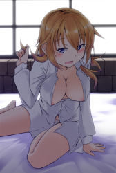 Rule 34 | 1girl, areola slip, arm support, bloom, blue eyes, blush, breasts, charlotte e. yeager, cleavage, downblouse, twirling hair, kuronyan, large breasts, looking at viewer, morning, naked shirt, nipple slip, nipples, open clothes, open shirt, shirt, sitting, sleepy, solo, strike witches, world witches series