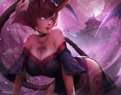 Rule 34 | 1girl, all fours, artist name, bare arms, bare shoulders, black choker, blood moon evelynn, breasts, brown hair, choker, cleavage, collarbone, commentary request, detached sleeves, evelynn (league of legends), full moon, glowing, glowing eyes, hair between eyes, hair ornament, highres, horns, japanese clothes, kimono, large breasts, league of legends, looking at viewer, moon, night, outdoors, purple eyes, red horns, red lips, short hair, sleeveless, sleeveless kimono, smile, solo, strapless, turewindwalker