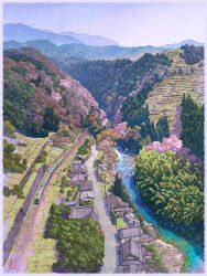 Rule 34 | border, cherry blossoms, highres, kudoyama (town), mountainous horizon, mugumo 24k, no humans, original, scenery, spring (season), stream, town, train, valley