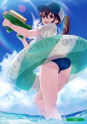 Rule 34 | 40hara, absurdres, ass, baseball cap, blue sky, brown hair, cloud, cloudy sky, day, hat, highres, innertube, long hair, looking at viewer, melonbooks, open mouth, outdoors, partially submerged, ponytail, purple eyes, scan, see-through, short sleeves, sky, smile, solo, swim ring, thighs, wading, water, water gun