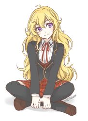 Rule 34 | 1girl, ahoge, ankle grab, artist name, black thighhighs, blonde hair, blush, head tilt, indian style, loafers, long hair, looking away, lostviolette, plaid, plaid skirt, purple eyes, rwby, school uniform, shoes, sitting, skirt, smile, solo, thighhighs, white background, yang xiao long
