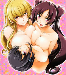 Rule 34 | 3girls, :d, asymmetrical docking, black hair, blonde hair, breast press, breasts, brown hair, character request, cropped, fang, flat chest, glasses, hair ornament, hairclip, highres, huge breasts, kamino ryuuya, large breasts, long hair, multiple girls, open mouth, original, red eyes, short hair, smile, symmetrical docking, twintails
