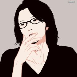 Rule 34 | 1boy, black eyes, black hair, canaco014, flat color, glasses, grey background, hand to own mouth, limited palette, looking ahead, male focus, medium hair, original, parted bangs, solo, v-neck