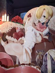 Rule 34 | 10s, 1girl, bandaged arm, bandaged leg, bandages, bandaid, bandaid on knee, bandaid on leg, barefoot, between toes, blonde hair, box, candle, candy, casino (casinoep), chocolate, chocolate heart, earrings, feet, flower, food, foot focus, holding with feet, foreshortening, gift, gift box, hair over one eye, heart, heart-shaped box, highres, idolmaster, idolmaster cinderella girls, indoors, jewelry, looking at viewer, red flower, red rose, red skirt, rose, shirasaka koume, short hair, sitting, skirt, soles, solo, toes, valentine