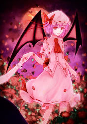 Rule 34 | 1girl, adapted costume, ascot, bat wings, bow, colored eyelashes, flower, holding hands, hat, hat bow, highres, izayoi sakuya, mob cap, nail polish, out of frame, purple hair, red bow, red eyes, red nails, red rose, remilia scarlet, ribbon-trimmed clothes, ribbon trim, rose, short hair, smile, solo focus, touhou, wings, wrist cuffs, y zi mao