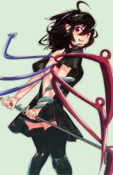Rule 34 | 1girl, ahoge, arms behind back, asuzemu, asymmetrical wings, backless dress, backless outfit, bad id, bad pixiv id, black dress, black hair, black thighhighs, breasts, cowboy shot, dress, from side, holding, holding weapon, houjuu nue, leaning forward, looking at viewer, medium breasts, parted lips, pointy ears, polearm, red eyes, short dress, short sleeves, smile, snake, solo, thighhighs, touhou, trident, weapon, wings, zettai ryouiki