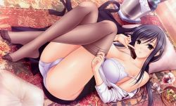 Rule 34 | 10s, 1girl, absurdres, apron aside, black hair, black pantyhose, blush, bra, breasts, bucket, carpet, cleavage, clothes pull, cup, drinking glass, feet, highres, hiiragi ayako, komori kei, large breasts, legs up, long hair, long sleeves, no shoes, open clothes, open shirt, panties, pantyhose, pantyhose pull, pillow, plate, purple hair, shiny skin, shirt, smile, solo, strap slip, toes, underwear, walkure romanze, white bra, white panties, wine glass