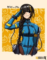 Rule 34 | 1girl, 6p62 (girls&#039; frontline), belt, black hair, bodysuit, braid, breasts, character name, cheogtanbyeong, commentary request, copyright name, cosplay, eyepatch, girls&#039; frontline, highres, long hair, looking at viewer, m16a1 (girls&#039; frontline), medium breasts, multicolored hair, open mouth, orange hair, salute, scar, scar on face, smile, solo, streaked hair, teeth