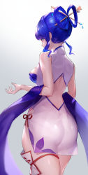 Rule 34 | 1girl, amano hagoromo, ass, back cutout, bare shoulders, blue eyes, blue hair, breasts, china dress, chinese clothes, cleavage, clothing cutout, commentary request, detached sleeves, dress, from behind, grey background, hair ornament, hair rings, hair stick, highres, kaku seiga, looking at viewer, looking back, medium breasts, ofuda, pelvic curtain, short dress, side-tie dress, side slit, sidelocks, simple background, sleeveless, sleeveless dress, solo, touhou, white dress, zipper