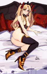 Rule 34 | 1girl, black socks, black thighhighs, blonde hair, blush, bow, breasts, closed mouth, distr, earrings, ereshkigal (fate), fate/grand order, fate (series), hair bow, heart, high heels, highres, jewelry, long hair, looking at viewer, lying, medium breasts, nipples, on bed, on side, pillow, pussy, reclining, red bow, red eyes, signature, single sock, single thighhigh, socks, solo, thighhighs, two side up, uncensored