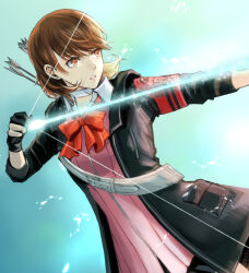 Rule 34 | 1girl, arrow (projectile), black gloves, black jacket, black skirt, bow, bow (weapon), bowtie, brown eyes, brown hair, cardigan, choker, collared shirt, commentary, earrings, erimiyaman, fighting stance, gekkoukan high school uniform, gloves, glowing arrow, heart, heart choker, holding, holding arrow, holding bow (weapon), holding weapon, jacket, jewelry, light particles, looking to the side, loose bowtie, open clothes, open jacket, outstretched arm, parted lips, persona, persona 3, persona 3 reload, pink cardigan, red bow, red bowtie, s.e.e.s, school uniform, shirt, short hair, shoulder belt, single glove, skirt, solo, stud earrings, takeba yukari, upper body, weapon, white choker, white shirt