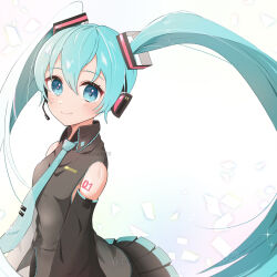 Rule 34 | 1girl, blue eyes, blue hair, blush, collared shirt, commentary, detached sleeves, hair ornament, hatsune miku, headphones, headset, highres, long hair, long sleeves, looking at viewer, necktie, pleated skirt, shirt, skirt, sleeveless, sleeveless shirt, smile, solo, sorami, twintails, very long hair, vocaloid