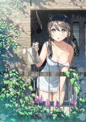 Rule 34 | 1girl, babydoll, blush, breasts, brown eyes, brown hair, camisole, cleavage, collarbone, commentary request, curtains, highres, holding, holding watering can, kantoku, leaf, lingerie, long hair, medium breasts, open mouth, original, solo, standing, strap slip, textless version, twintails, underwear, watering can, white babydoll, window