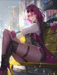 Rule 34 | 1girl, asymmetrical legwear, bench, black shorts, boots, breasts, chest harness, collared shirt, covered erect nipples, crossed bangs, crossed legs, eyewear on head, gloves, hair between eyes, harness, high-waist shorts, highres, honkai (series), jacket, kafka (honkai: star rail), large breasts, long sleeves, looking at viewer, mismatched legwear, multicolored clothes, multicolored jacket, neo (neorarty3), outdoors, pantyhose, pantyhose under shorts, park bench, purple-tinted eyewear, purple eyes, purple gloves, purple hair, purple pantyhose, rain, round eyewear, shirt, shorts, single thigh boot, sitting, skindentation, skirt, solo, spider web print, sunglasses, thigh boots, tinted eyewear, two-tone jacket, white shirt