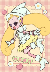 Rule 34 | 1girl, :d, blonde hair, blush stickers, boots, brown background, brown eyes, character name, commentary, dated, flower, forehead, full body, gloves, hat, heart, high heel boots, high heels, highres, long hair, makihatayama hana, neki (wakiko), ojamajo doremi, open mouth, plaid, plaid background, puffy short sleeves, puffy sleeves, shirt, short sleeves, skirt, smile, solo, twintails, twitter username, very long hair, white flower, white footwear, white gloves, white hat, white shirt, wing hair ornament, yellow skirt