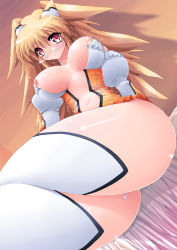 Rule 34 | 1girl, ass, bad id, bad pixiv id, bed, blonde hair, breasts, brown hair, cleavage, diol twee, glasses, huge breasts, konami, navel, otomedius, perspective, red eyes, revealing clothes, scatter milk, sitting, solo, thighhighs, xexex