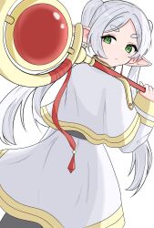 Rule 34 | 1girl, absurdres, capelet, elf, frieren, green eyes, grey hair, highres, long hair, long sleeves, looking at viewer, looking back, parted bangs, pointy ears, shirt, softo3932, sousou no frieren, standing, twintails, white capelet, white hair, white shirt