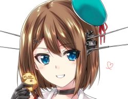 Rule 34 | 1girl, beret, black choker, black gloves, blue eyes, brown hair, choker, commentary, cookie, food, gloves, green hat, grin, hair ornament, hairclip, hat, headgear, heart, highres, holding, holding food, kantai collection, kuroi mimei, looking at viewer, maya (kancolle), maya kai ni (kancolle), short hair, simple background, smile, solo, white background, x hair ornament