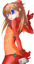 Rule 34 | 00s, 1girl, ass, blue eyes, blush, bodysuit, butt crack, evangelion: 2.0 you can (not) advance, flat chest, handheld game console, highres, long hair, looking back, multicolored clothes, neon genesis evangelion, open mouth, orange hair, plugsuit, rebuild of evangelion, red hair, skin tight, solo, souryuu asuka langley, test plugsuit, wonderswan, yomi (artist)