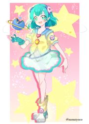 Rule 34 | 1girl, aqua eyes, aqua hair, blue eyes, boots, commentary, dress, earrings, fingerless gloves, full body, gloves, green dress, green footwear, green gloves, hagoromo lala, hair ornament, heart, highres, holding, jacket, jewelry, looking at viewer, magical girl, namatyoco, necklace, open mouth, outside border, pendant, pink background, pointy ears, precure, shadow, short dress, short hair, short sleeves, single glove, smile, solo, standing, star-shaped pupils, star (symbol), star hair ornament, star twinkle precure, starry background, symbol-shaped pupils, twitter username, yellow jacket