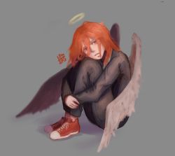 Rule 34 | 1boy, absurdres, angel devil (chainsaw man), angel wings, black suit, black trousers, chainsaw man, halo, highres, red eyes, red hair, red sneakers, sitting, suit, wings