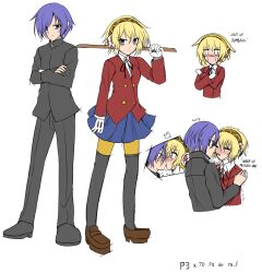 aegis_(persona) aisaka_taiga_(cosplay) angry black_jacket black_socks blonde_hair blue_hair blue_skirt blush bokken cosplay crossed_arms food jacket loafers pantyhose persona persona_3 pocky pocky_kiss red_jacket shared_food shoes signature skirt socks sword takasu_ryuuji_(cosplay) thighhighs thighhighs_over_pantyhose toradora! weapon wooden_sword yukiart_83 yuuki_makoto_(persona_3)