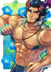 Rule 34 | 1boy, abs, absurdres, bara, beard, bikini, blue bra, blue hair, bra, bra pull, broken horn, bulge, clothes pull, covered erect nipples, cowboy shot, crossdressing, dark blue hair, demon boy, demon horns, facial hair, fang, fiery horns, highres, horns, huge filesize, jewelry, kageru (mofnyan), large pectorals, long sideburns, looking at viewer, male focus, mature male, micro bikini, muscular, muscular male, navel, necklace, pectoral cleavage, pectorals, pelvic curtain, pulled by self, scar, scar on neck, short hair, sideburns, smile, solo, stomach, stubble, swimsuit, takemaru (housamo), thick eyebrows, tokyo houkago summoners, underwear, undressing