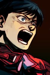 Rule 34 | 1boy, akira (manga), black hair, blue eyes, commentary request, hungry clicker, jacket, kaneda shoutarou (akira), male focus, open mouth, red background, red jacket, simple background, solo, upper body