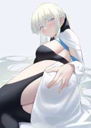 Rule 34 | 1girl, absurdres, ass, black bow, black dress, black thighhighs, blue eyes, bow, braid, breasts, dress, fate/grand order, fate (series), french braid, grey hair, hair bow, highres, large breasts, long hair, long sleeves, looking at viewer, morgan le fay (fate), okuma707, ponytail, sidelocks, solo, thighhighs, thighs, two-tone dress, very long hair, white dress, wide sleeves
