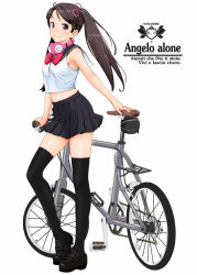 Rule 34 | 1girl, bicycle, bow, crop top, female focus, full body, hair ornament, headphones, italian text, long hair, midriff, nanahime, navel, original, school uniform, skindentation, smile, solo, thighhighs, twintails, white background, zettai ryouiki