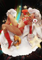 Rule 34 | 1girl, altera (fate), altera the santa (fate), animal, bare shoulders, blunt bangs, boots, breasts, choker, collarbone, dark-skinned female, dark skin, detached sleeves, earmuffs, fate/grand order, fate (series), full-body tattoo, full body, gloves, headdress, highres, looking at viewer, midriff, navel, open mouth, red eyes, red footwear, sevenann, sheep, short hair, small breasts, solo, tan, tattoo, thighs, veil, white gloves, white hair
