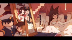 Rule 34 | 1boy, 1girl, :d, ^ ^, absurdres, animal ears, azur lane, bad id, bad pixiv id, bare shoulders, bed, bed sheet, belt, black hair, blanket, blunt bangs, blush, character doll, closed eyes, collarbone, commander (azur lane), commentary request, dalian (1457091741), dress, embarrassed, fox ears, hair ornament, hat, highres, holding, holding blanket, holding hands, japanese clothes, kimono, letterboxed, long hair, looking to the side, military, military uniform, nagato (azur lane), nagato (great fox&#039;s white gown) (azur lane), naval uniform, open mouth, out of frame, peaked cap, photo (object), pillow, red eyes, shade, shaded face, sidelocks, smile, tsunokakushi, uchikake, uniform, wedding dress, wedding photo