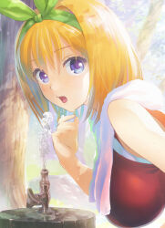 Rule 34 | 1girl, :o, bare shoulders, blonde hair, blue eyes, breasts, day, faucet, from side, go-toubun no hanayome, green hairband, hairband, highres, hirokiku, large breasts, looking at viewer, looking to the side, nakano yotsuba, open mouth, outdoors, red sports bra, short hair, solo, sports bra, towel, towel around neck, upper body, water