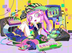 Rule 34 | 1girl, aqua eyes, aqua hair, baseball cap, black shirt, bracelet, clownfish, colored eyelashes, controller, drooling, fish, game boy, game boy (original), game boy advance, game controller, handheld game console, hands up, harmony&#039;s clownfish (splatoon), harmony (splatoon), hat, highres, holding, holding handheld game console, instrument, jewelry, keyboard (instrument), long hair, low twintails, miniskirt, momobosi, multicolored clothes, multicolored hair, multicolored headwear, nintendo, nintendo switch pro controller, no eyebrows, no nose, open mouth, oversized clothes, oversized shirt, pink hair, purple footwear, shirt, shoes, short sleeves, sideways hat, sitting, skirt, speaker, splatoon (series), splatoon 3, striped clothes, striped headwear, tentacle hair, tropical fish, twintails, twitter username, wire