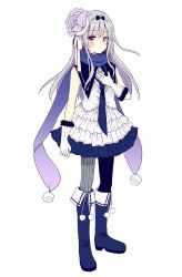 Rule 34 | 1girl, asymmetrical legwear, black bow, black pantyhose, blue footwear, blue necktie, blush, boots, bow, closed mouth, dress, flower, full body, fur-trimmed gloves, fur trim, gloves, grey hair, grey pantyhose, hair bow, hair flower, hair ornament, highres, knee boots, layered dress, long hair, looking at viewer, mismatched legwear, necktie, original, pantyhose, pleated dress, polka dot, polka dot scarf, purple eyes, purple flower, purple rose, rose, sakura oriko, scarf, simple background, solo, standing, striped clothes, striped legwear, striped pantyhose, unmoving pattern, vertical-striped clothes, vertical-striped pantyhose, white background, white dress, white gloves, white scarf
