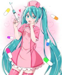 Rule 34 | 1girl, aqua eyes, aqua hair, aqua nails, blush, buttons, commentary, cowboy shot, cross, double-breasted, dress, frilled dress, frills, hairband, hand on own cheek, hand on own face, hands up, hat, hatsune miku, heart, heart background, highres, holding, holding syringe, light blush, long hair, looking at viewer, nail polish, nurse, nurse cap, open mouth, pill, pink background, pink dress, pink thighhighs, red cross, short sleeves, smile, solo, supo01, syringe, thighhighs, twintails, very long hair, vocaloid, zettai ryouiki