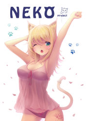 Rule 34 | 1girl, ahoge, animal ears, armpits, arms up, blonde hair, blush, bra, camisole, cat ears, cat tail, chestnut mouth, fang, green eyes, highres, long hair, nail polish, one eye closed, original, panties, paw print, petals, see-through, slit pupils, solo, sonikey0 0, tail, tattoo, underwear, white background