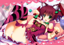Rule 34 | 1girl, animal ears, bow, breasts, cat ears, dress, green eyes, lying, migumigu, on back, open mouth, original, panties, pantyshot, paw pose, red hair, ribbon, smile, solo, striped clothes, striped thighhighs, thighhighs, underwear, white panties, wrist cuffs